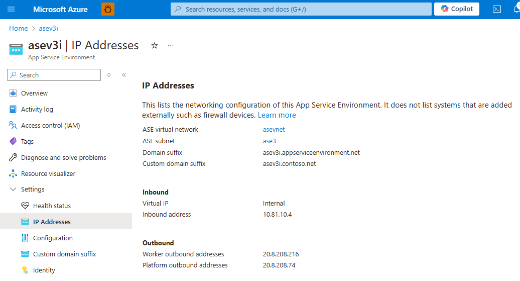 Inbound/outbound App Service Environment IP addresses shown within the Azure Portal